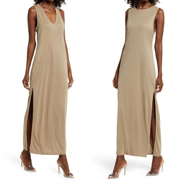 Open Edit Dresses & Skirts - Open Edit Wear Two Ways V-Neck Sleeveless Knit Side Slit Midi Dress Olive Dusk S